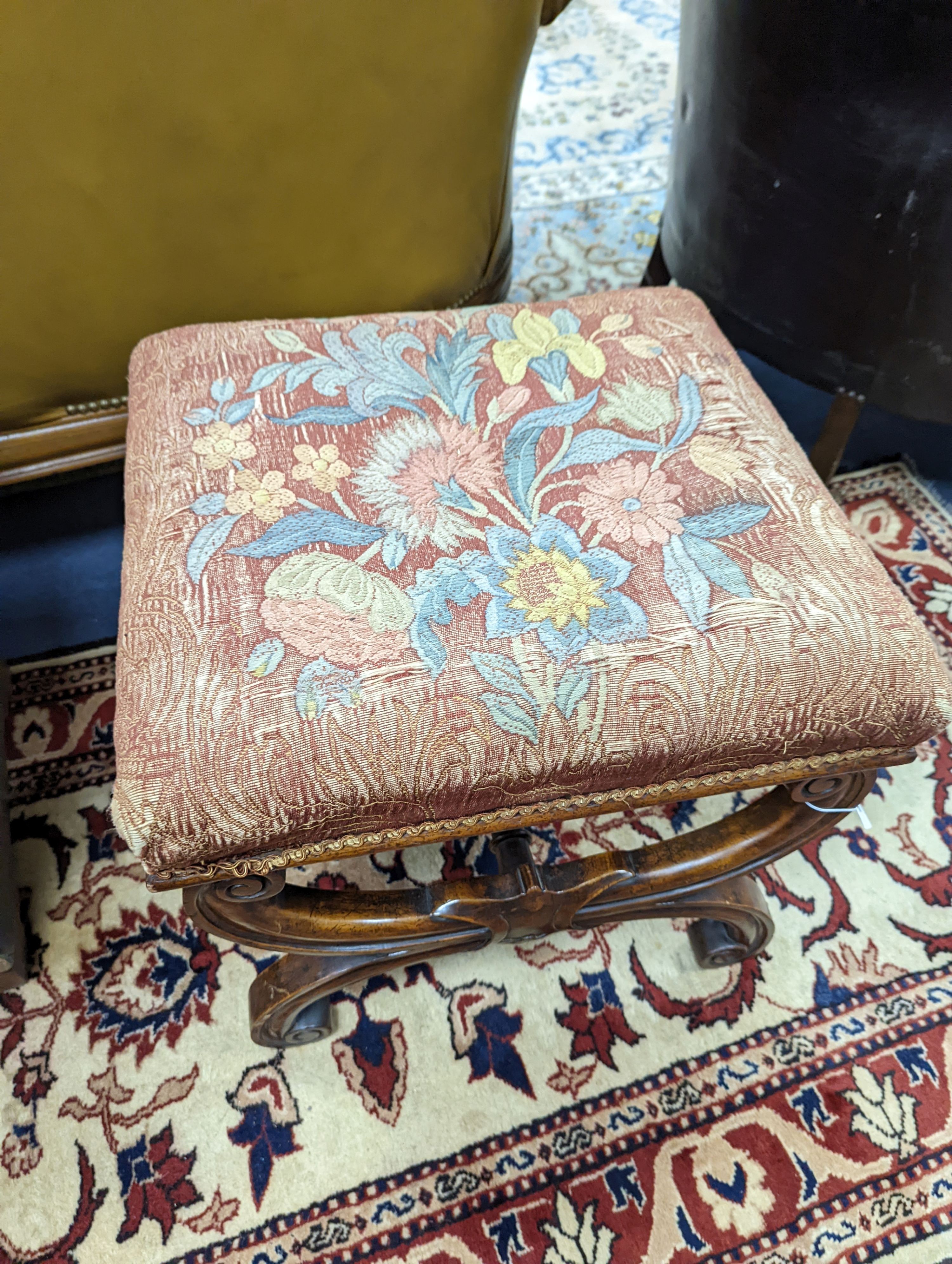 An early Victorian mahogany X frame dressing stool, length 46cm, depth 45cm, height 42cm